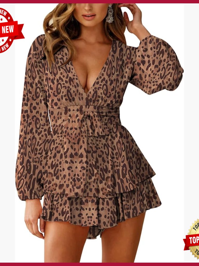 Women's Long Sleeve V-Neck Romper With Ruffle Hem, Polyester Jumpsuit Size Small